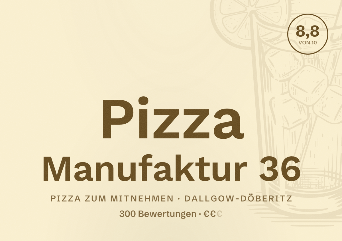 Illustriertes Poster von Pizza Manufaktur 36, Pizza zum Mitnehmen in Dallgow-Döberitz: Bewertung 8,8 von 10 aus 300 Bewertungen, Preisniveau €€