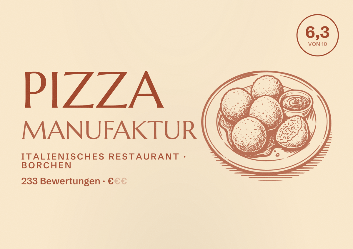 Illustriertes Poster von Pizza Manufaktur, Italienisches Restaurant in Borchen: Bewertung 6,3 von 10 aus 233 Bewertungen, Preisniveau €