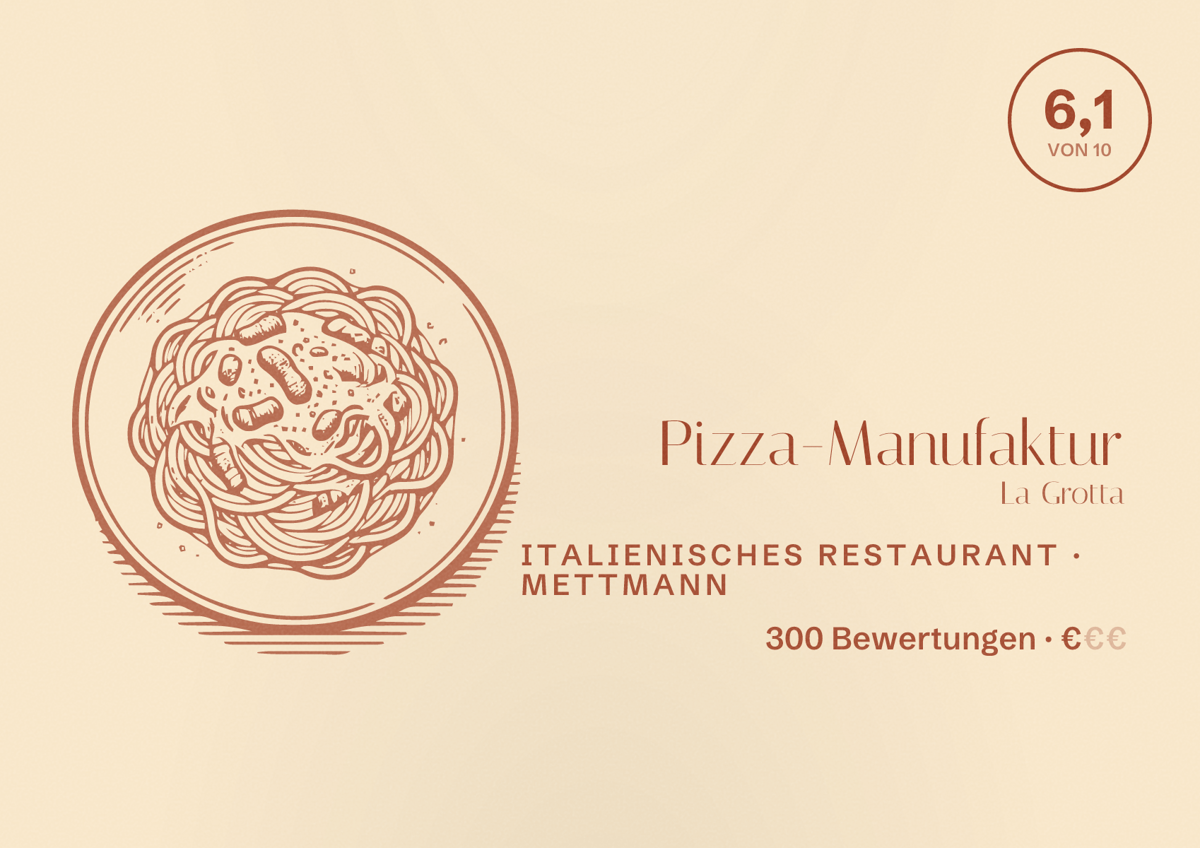 Illustriertes Poster von Pizza-Manufaktur La Grotta, Italienisches Restaurant in Mettmann: Bewertung 6,1 von 10 aus 300 Bewertungen, Preisniveau €