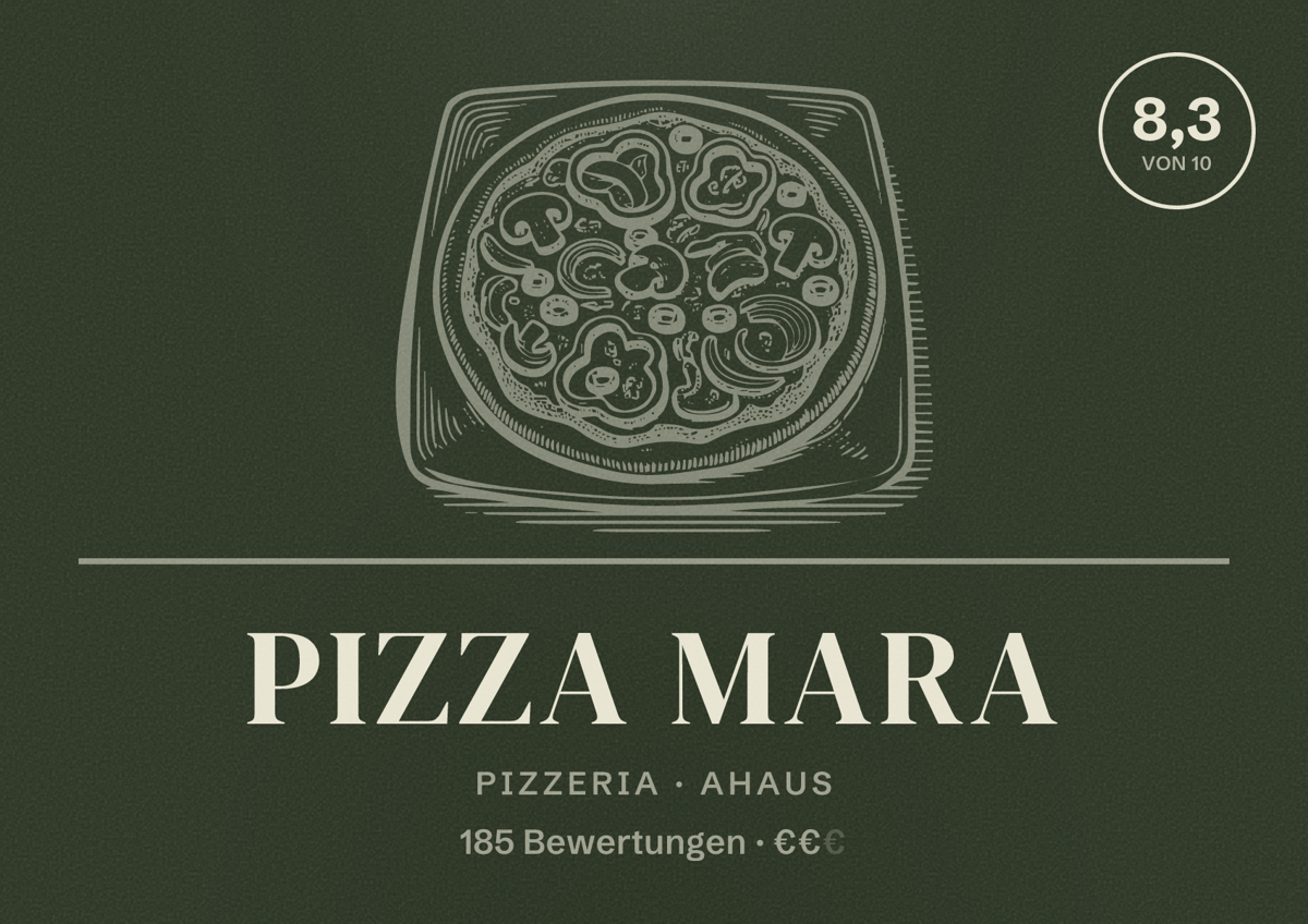 Illustriertes Poster von Pizza Mara, Pizzeria in Ahaus: Bewertung 8,3 von 10 aus 185 Bewertungen, Preisniveau €€