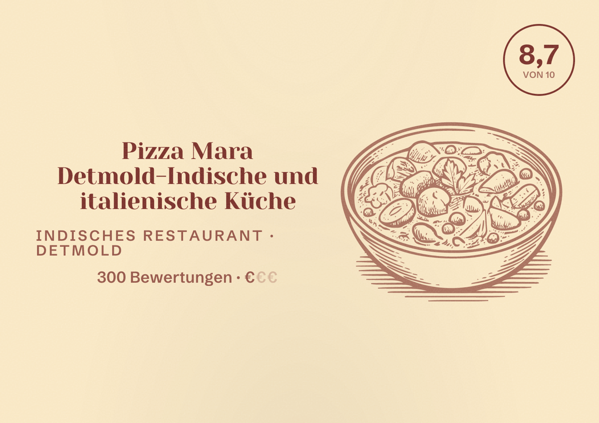 Illustriertes Poster von Pizza Mara Detmold-Indische und italienische Küche, Indisches Restaurant in Detmold: Bewertung 8,7 von 10 aus 300 Bewertungen, Preisniveau €