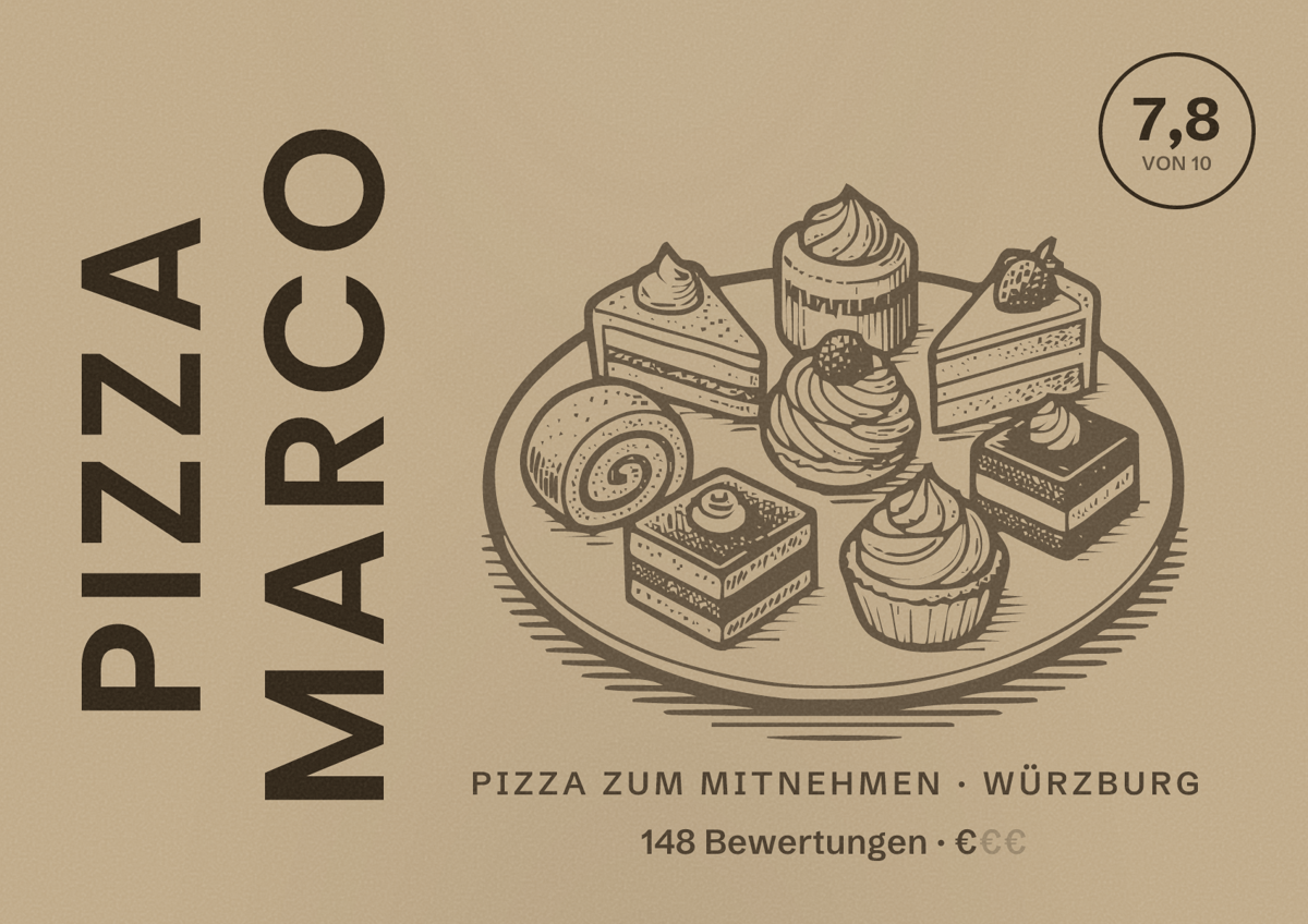 Illustriertes Poster von Pizza Marco, Pizza zum Mitnehmen in Würzburg: Bewertung 7,8 von 10 aus 148 Bewertungen, Preisniveau €