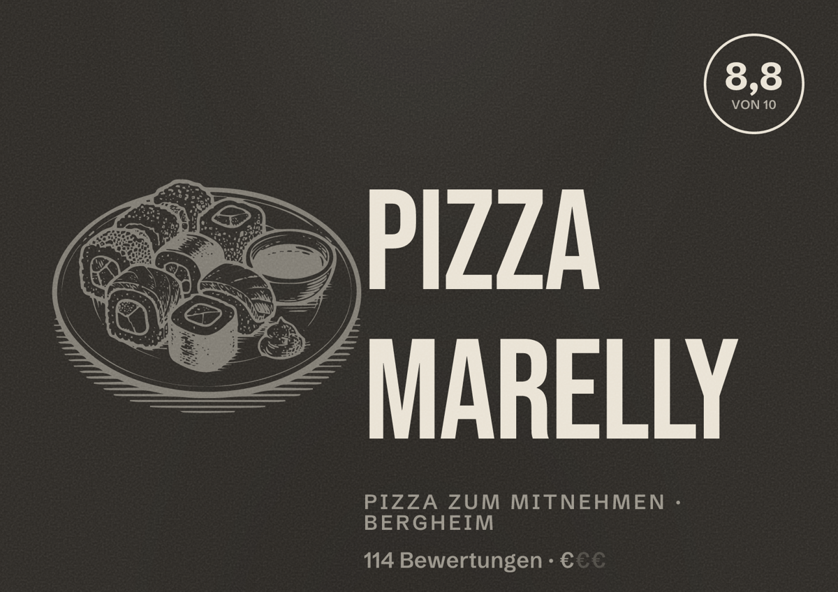 Illustriertes Poster von Pizza Marelly, Pizza zum Mitnehmen in Bergheim: Bewertung 8,8 von 10 aus 114 Bewertungen, Preisniveau €