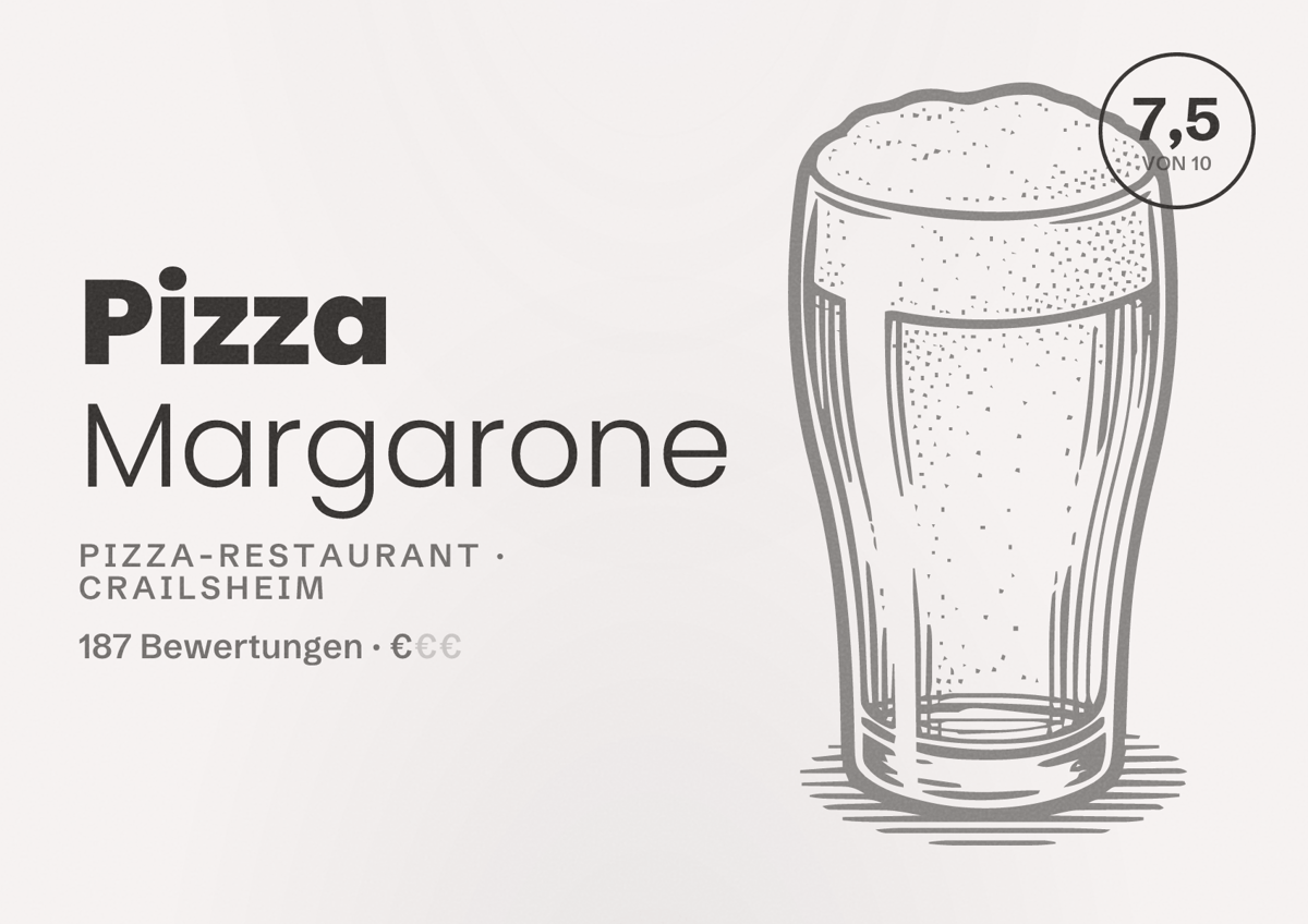 Illustriertes Poster von Pizza Margarone, Pizza-Restaurant in Crailsheim: Bewertung 7,5 von 10 aus 187 Bewertungen, Preisniveau €