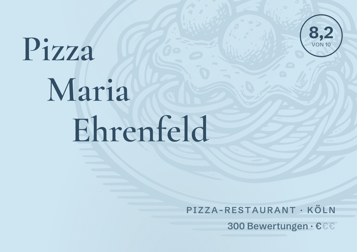 Illustriertes Poster von Pizza Maria Ehrenfeld, Pizza-Restaurant in Köln: Bewertung 8,2 von 10 aus 300 Bewertungen, Preisniveau €