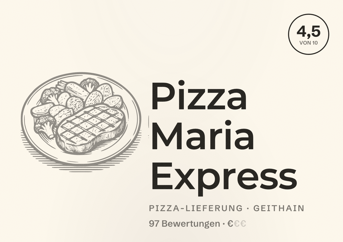 Illustriertes Poster von Pizza Maria Express, Pizza-Lieferung in Geithain: Bewertung 4,5 von 10 aus 97 Bewertungen, Preisniveau €