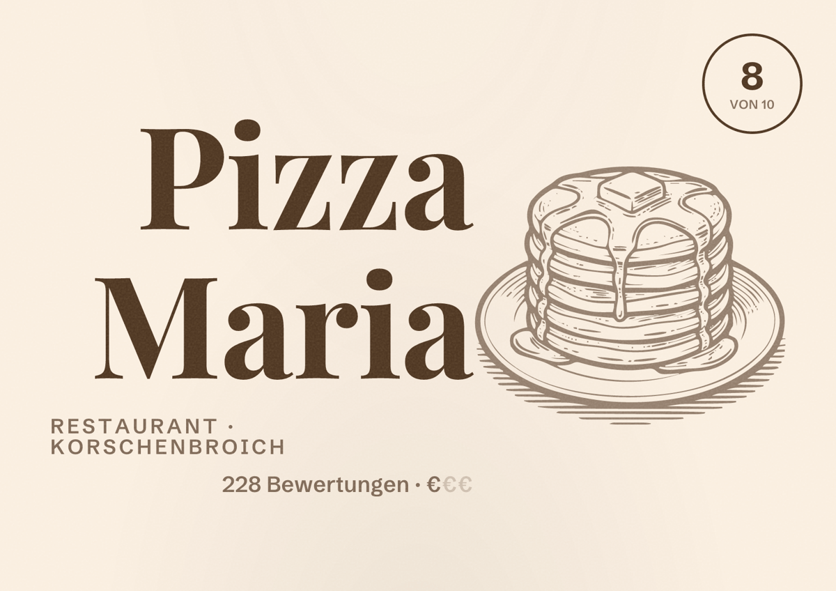 Illustriertes Poster von Pizza Maria, Restaurant in Korschenbroich: Bewertung 8 von 10 aus 228 Bewertungen, Preisniveau €