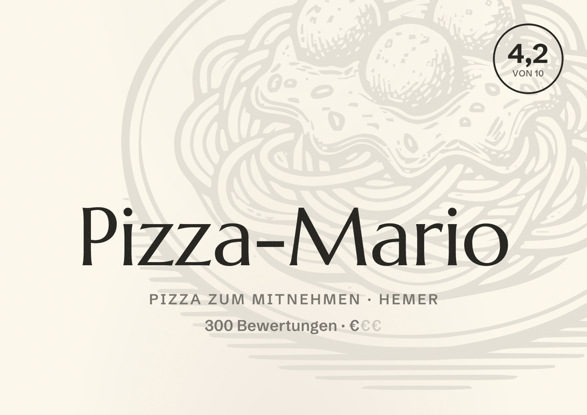 Illustriertes Poster von Pizza-Mario, Pizza zum Mitnehmen in Hemer: Bewertung 4,2 von 10 aus 300 Bewertungen, Preisniveau €