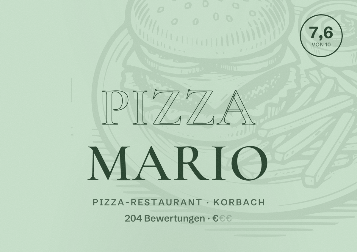 Illustriertes Poster von Pizza Mario, Pizza-Restaurant in Korbach: Bewertung 7,6 von 10 aus 204 Bewertungen, Preisniveau €