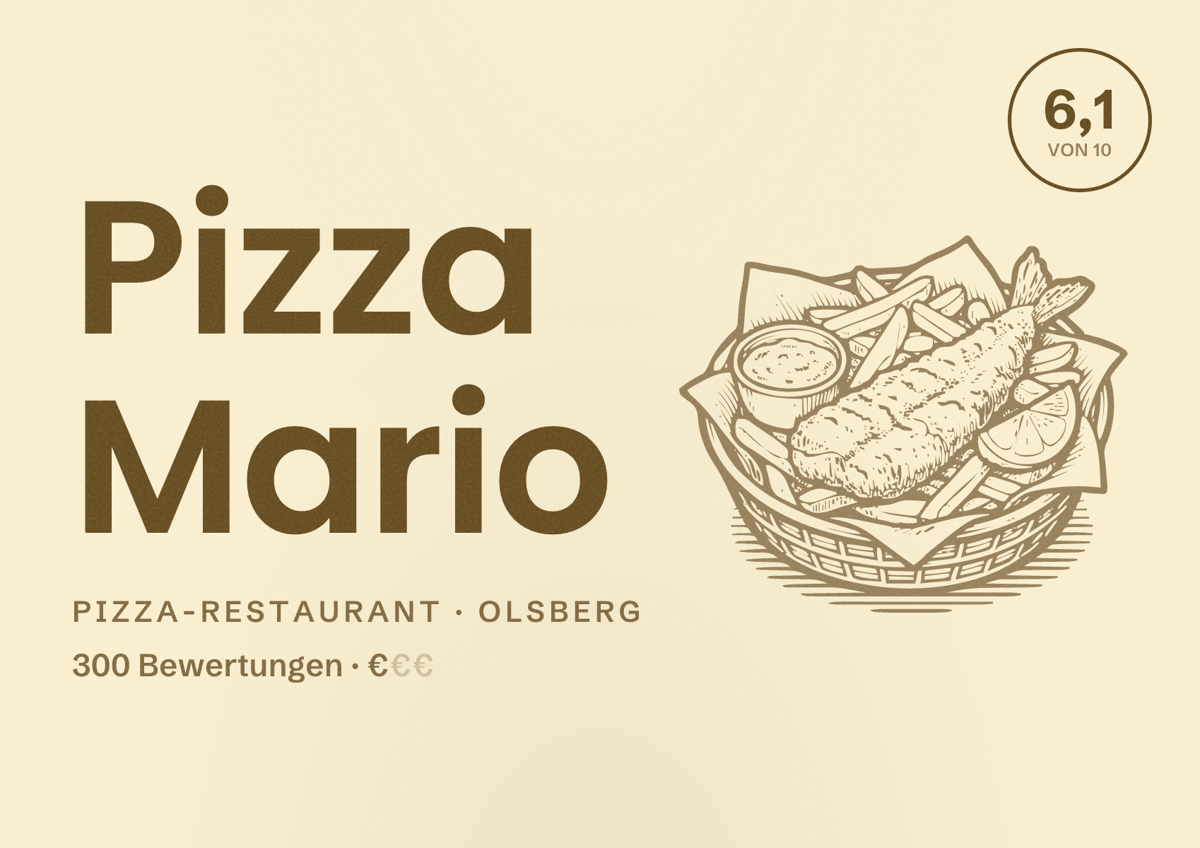 Illustriertes Poster von Pizza Mario, Pizza-Restaurant in Olsberg: Bewertung 6,1 von 10 aus 300 Bewertungen, Preisniveau €