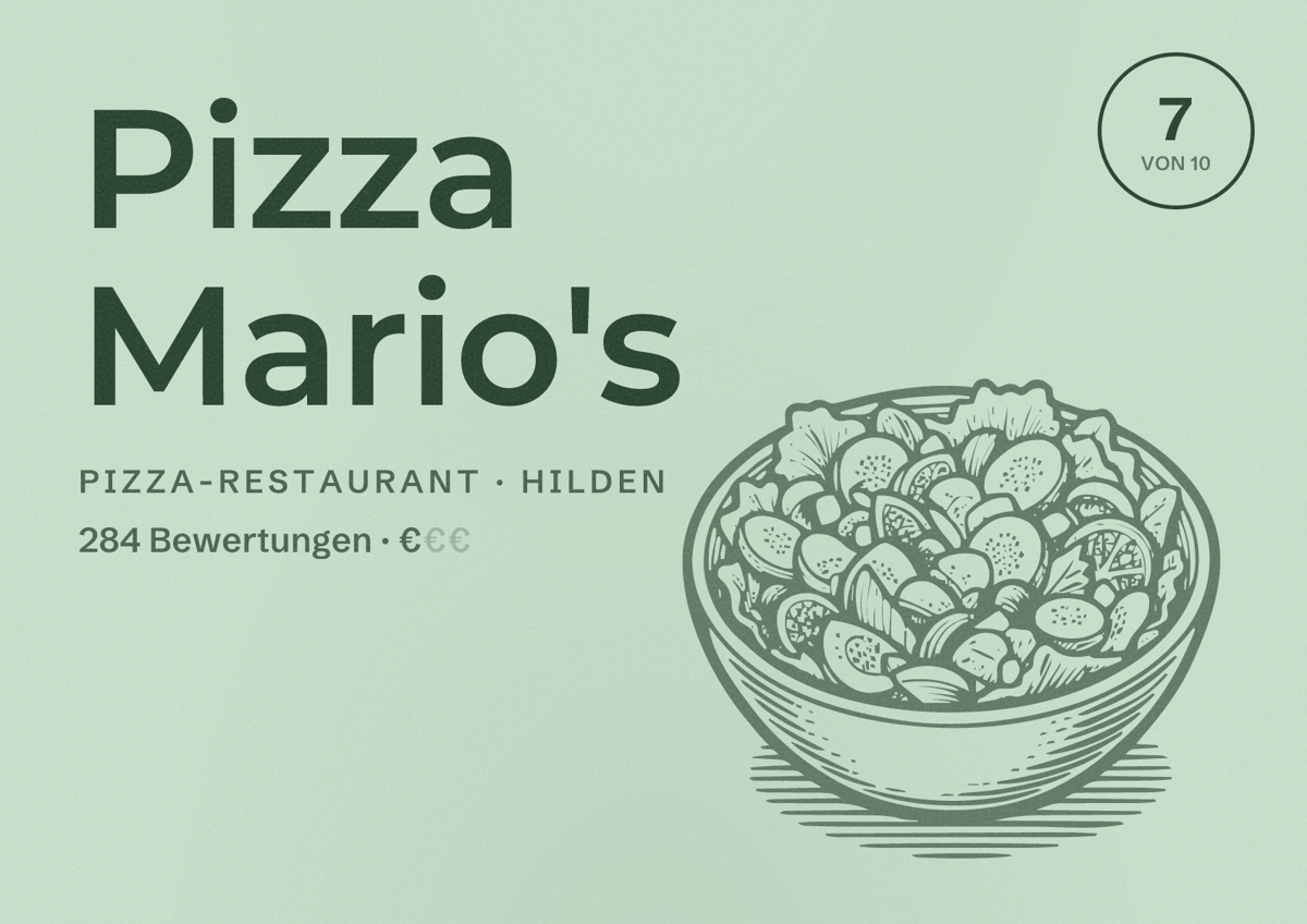 Illustriertes Poster von Pizza Mario's, Pizza-Restaurant in Hilden: Bewertung 7 von 10 aus 284 Bewertungen, Preisniveau €