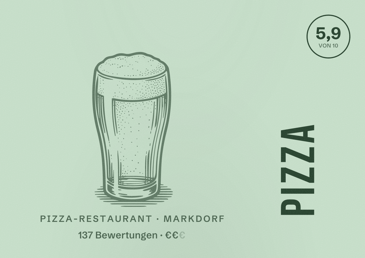 Illustriertes Poster von Pizza, Pizza-Restaurant in Markdorf: Bewertung 5,9 von 10 aus 137 Bewertungen, Preisniveau €€