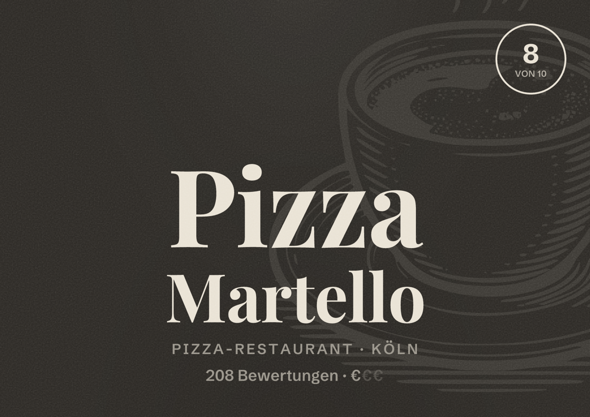 Illustriertes Poster von Pizza Martello, Pizza-Restaurant in Köln: Bewertung 8,0 von 10 aus 208 Bewertungen, Preisniveau €