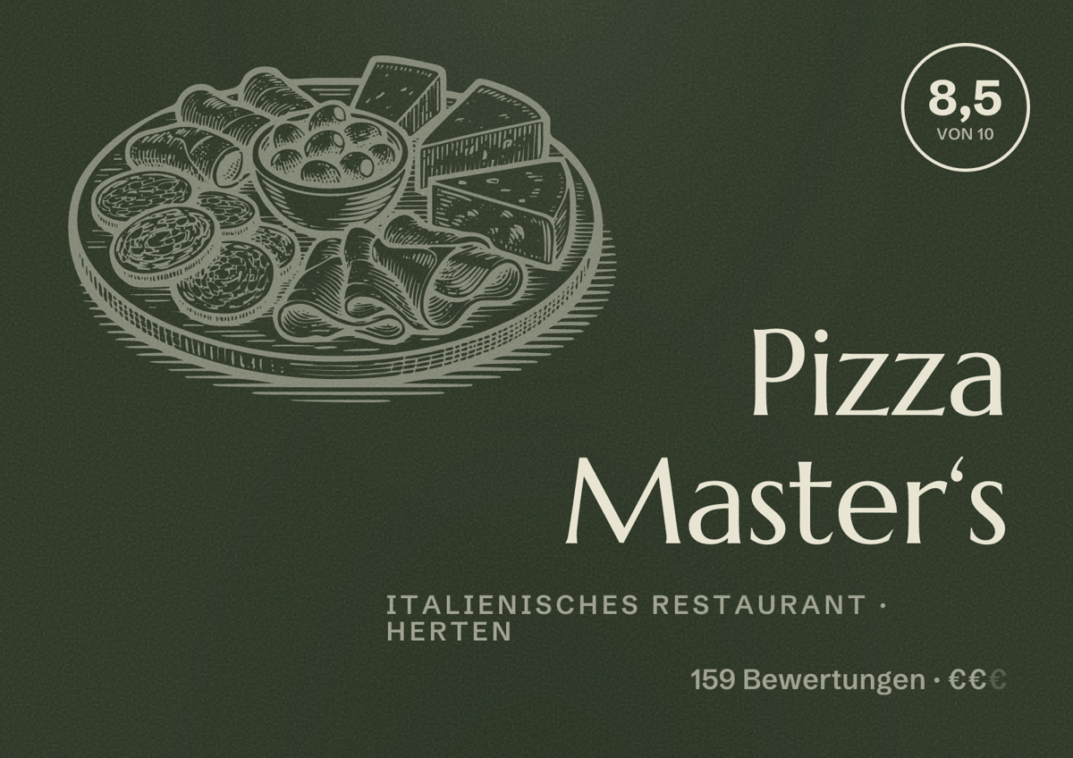 Illustriertes Poster von Pizza Master‘s, Italienisches Restaurant in Herten: Bewertung 8,5 von 10 aus 159 Bewertungen, Preisniveau €€