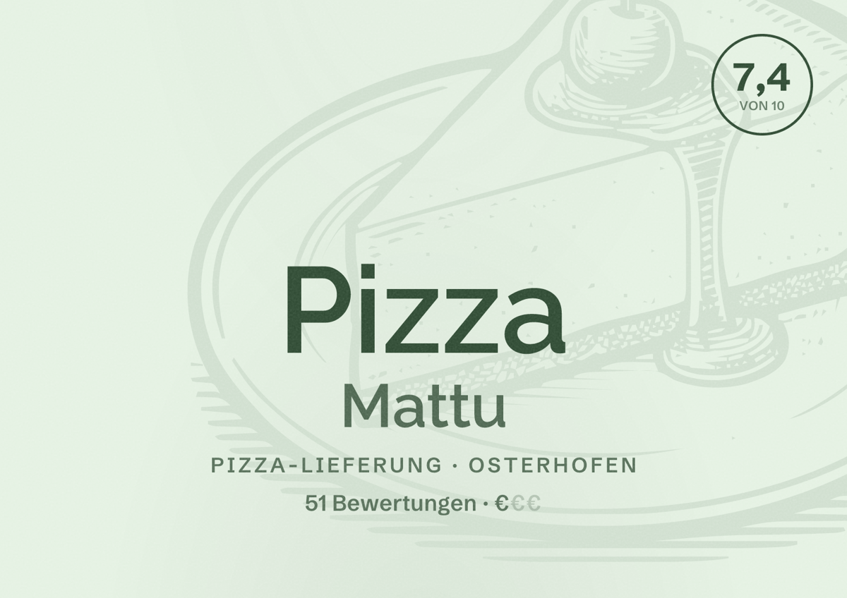 Illustriertes Poster von Pizza Mattu, Pizza-Lieferung in Osterhofen: Bewertung 7,4 von 10 aus 51 Bewertungen, Preisniveau €