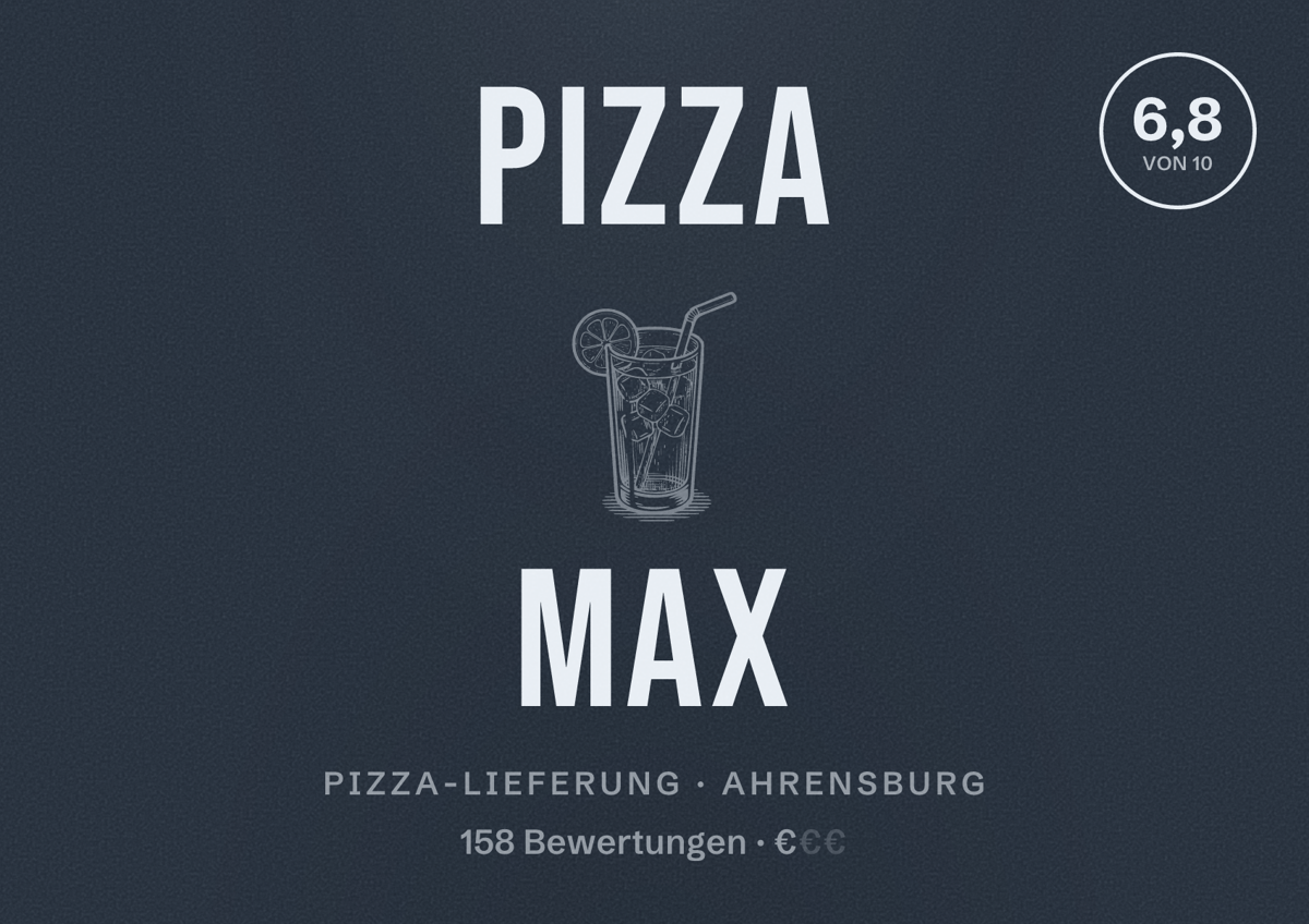 Illustriertes Poster von Pizza Max, Pizza-Lieferung in Ahrensburg: Bewertung 6,8 von 10 aus 158 Bewertungen, Preisniveau €