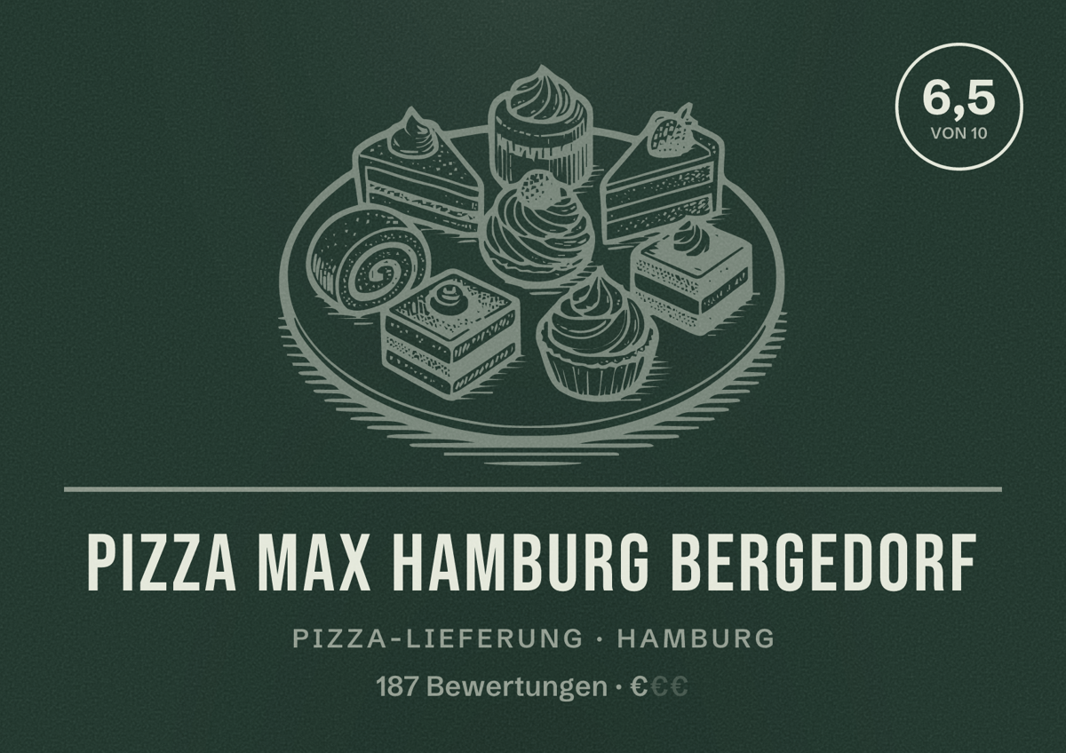 Illustriertes Poster von Pizza Max Hamburg Bergedorf, Pizza-Lieferung in Hamburg: Bewertung 6,5 von 10 aus 187 Bewertungen, Preisniveau €