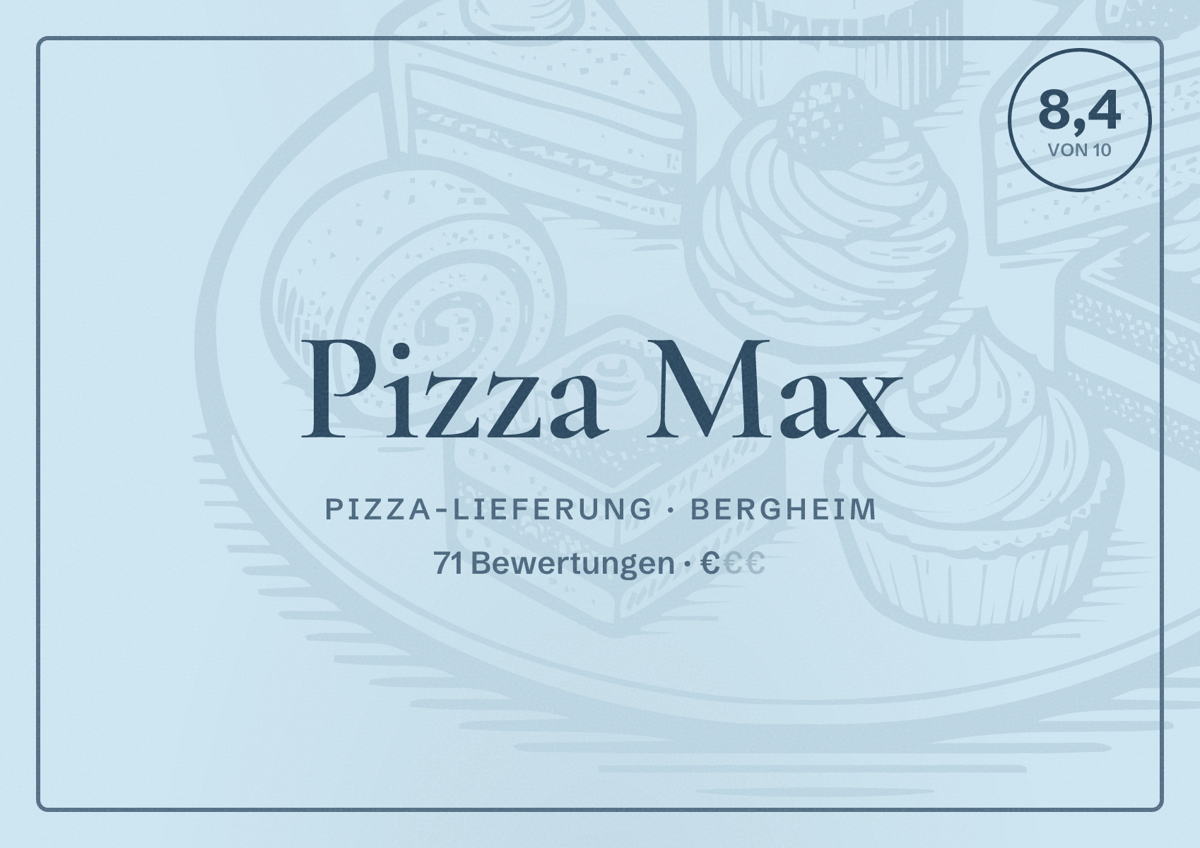 Illustriertes Poster von Pizza Max, Pizza-Lieferung in Bergheim: Bewertung 8,4 von 10 aus 71 Bewertungen, Preisniveau €