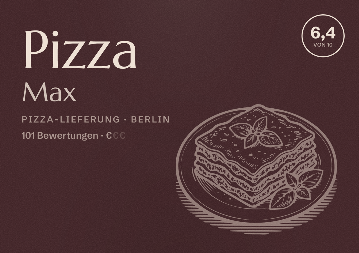 Illustriertes Poster von Pizza Max, Pizza-Lieferung in Berlin: Bewertung 6,4 von 10 aus 101 Bewertungen, Preisniveau €