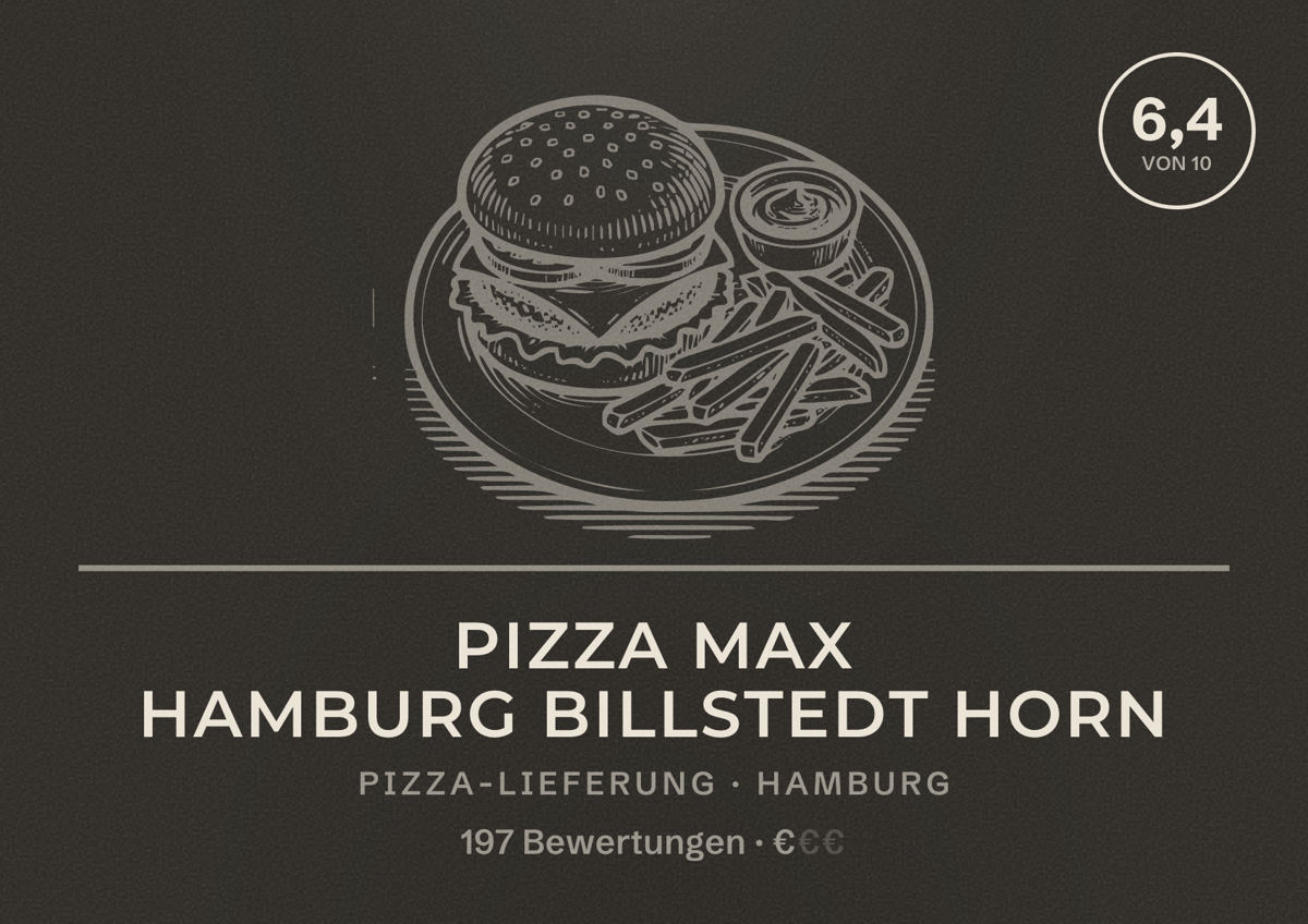 Illustriertes Poster von Pizza Max Hamburg Billstedt Horn, Pizza-Lieferung in Hamburg: Bewertung 6,4 von 10 aus 197 Bewertungen, Preisniveau €