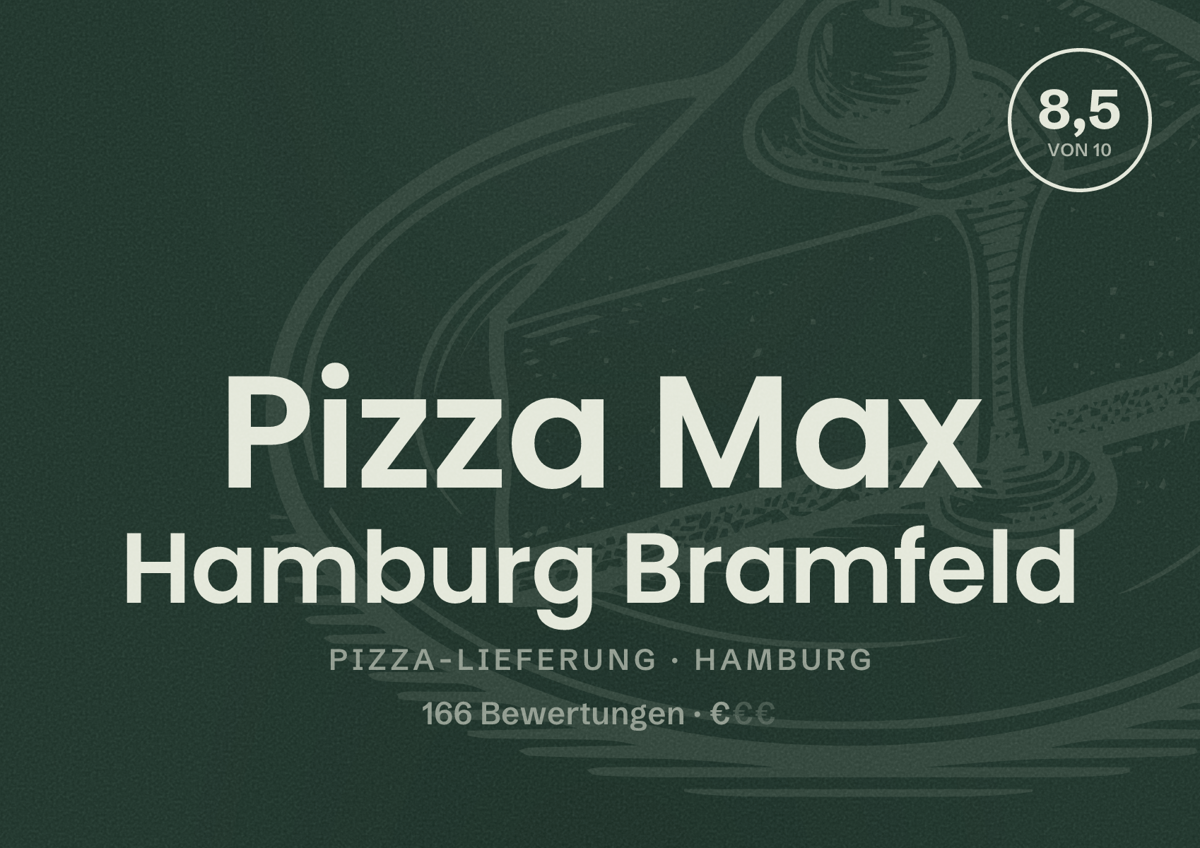 Illustriertes Poster von Pizza Max Hamburg Bramfeld, Pizza-Lieferung in Hamburg: Bewertung 8,5 von 10 aus 166 Bewertungen, Preisniveau €