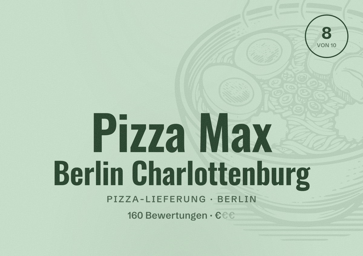 Illustriertes Poster von Pizza Max Berlin Charlottenburg, Pizza-Lieferung in Berlin: Bewertung 8,0 von 10 aus 160 Bewertungen, Preisniveau €
