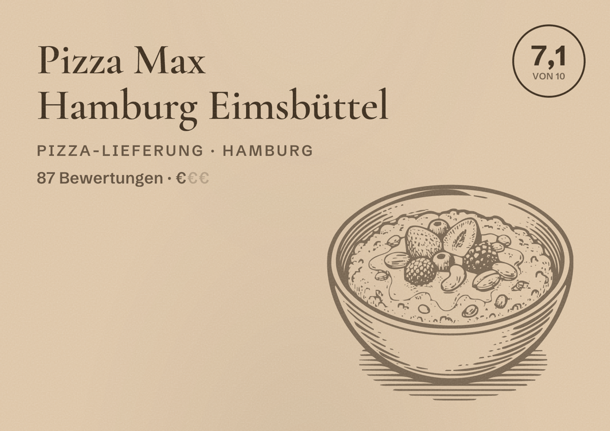 Illustriertes Poster von Pizza Max Hamburg Eimsbüttel, Pizza-Lieferung in Hamburg: Bewertung 7,1 von 10 aus 87 Bewertungen, Preisniveau €