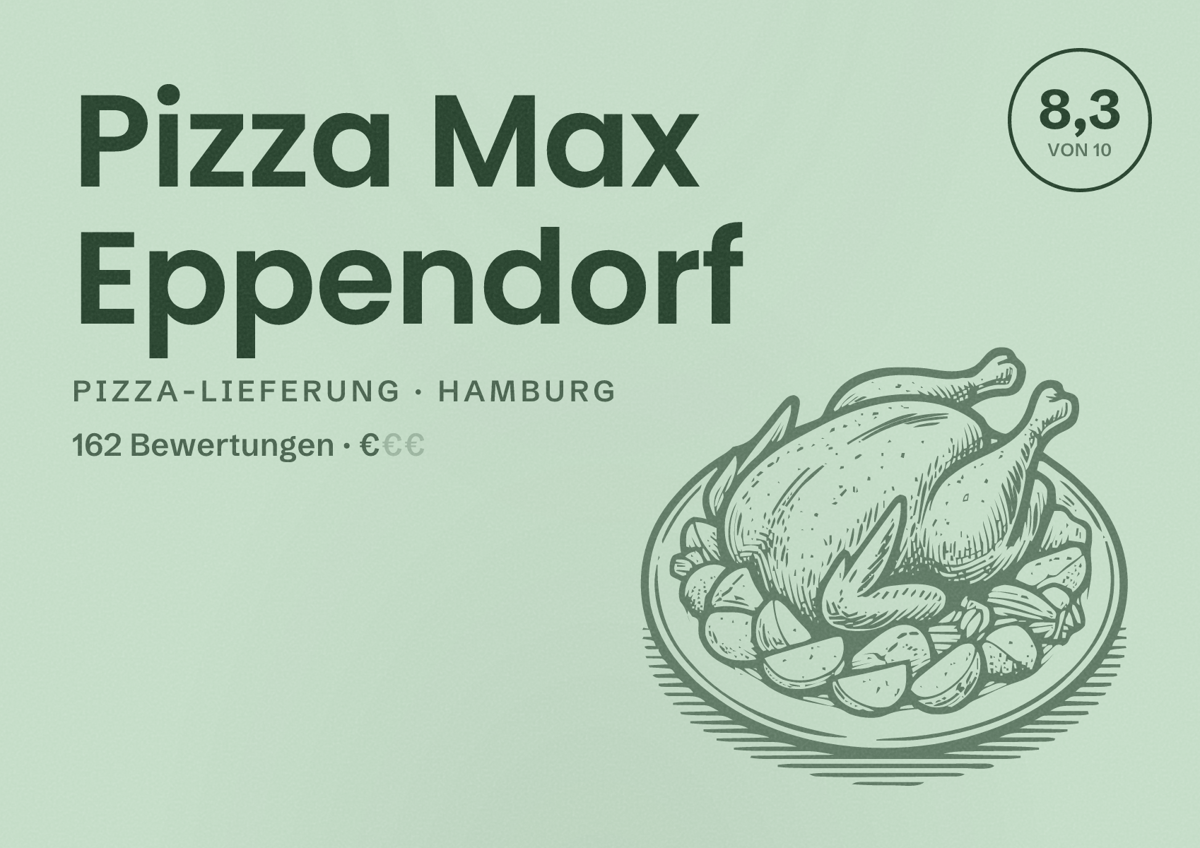 Illustriertes Poster von Pizza Max Eppendorf, Pizza-Lieferung in Hamburg: Bewertung 8,3 von 10 aus 162 Bewertungen, Preisniveau €