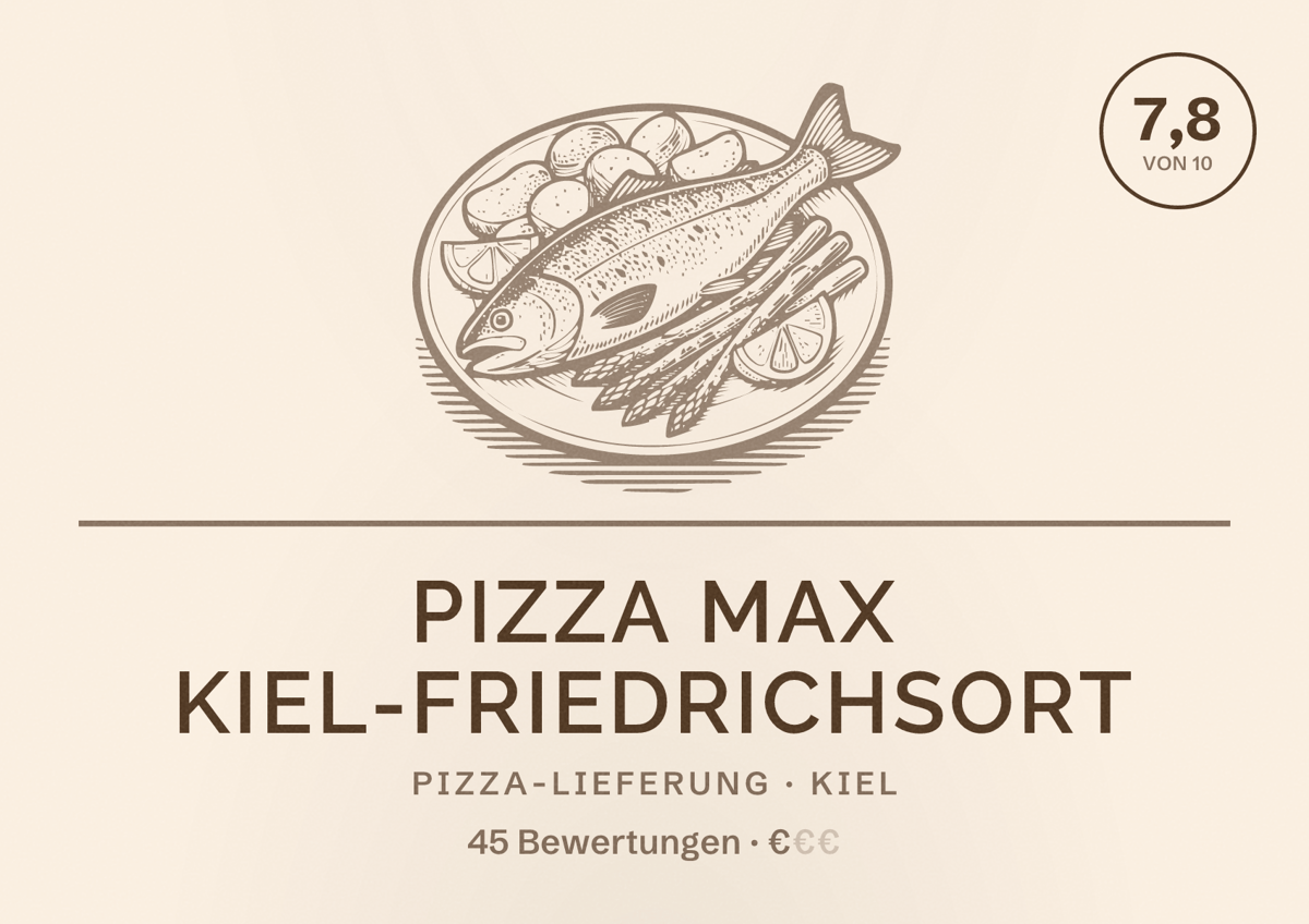 Illustriertes Poster von Pizza Max Kiel-Friedrichsort, Pizza-Lieferung in Kiel: Bewertung 7,8 von 10 aus 45 Bewertungen, Preisniveau €