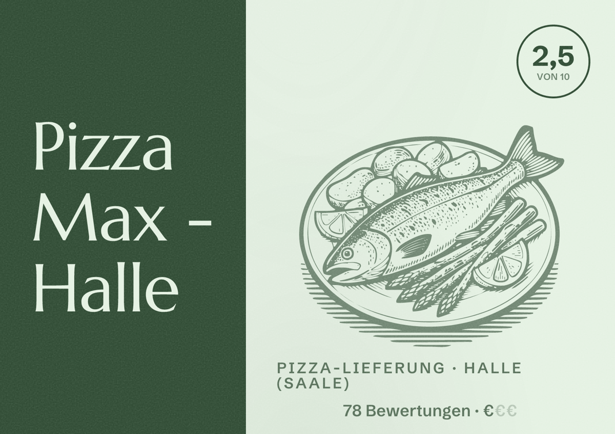 Illustriertes Poster von Pizza Max - Halle, Pizza-Lieferung in Halle (Saale): Bewertung 2,5 von 10 aus 78 Bewertungen, Preisniveau €