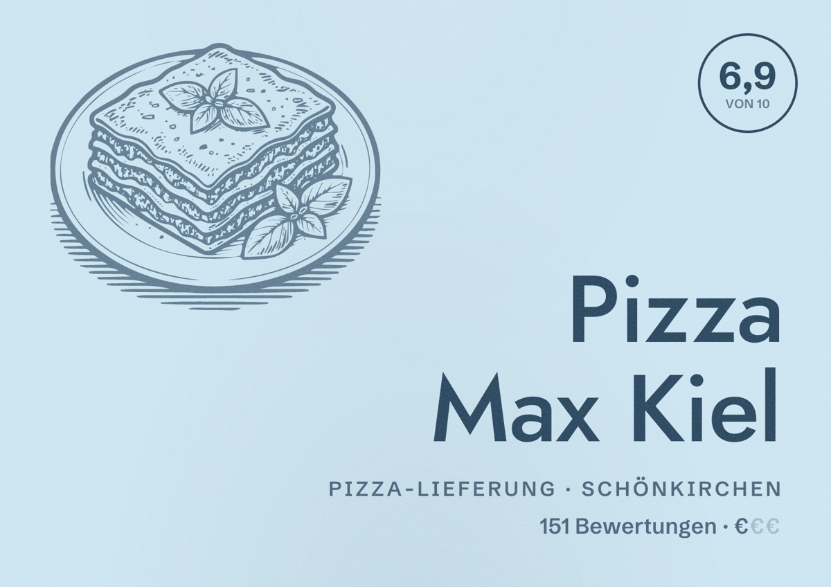 Illustriertes Poster von Pizza Max Kiel, Pizza-Lieferung in Schönkirchen: Bewertung 6,9 von 10 aus 151 Bewertungen, Preisniveau €