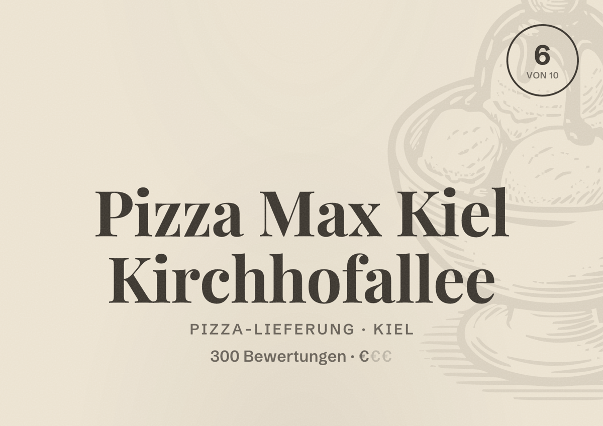 Illustriertes Poster von Pizza Max Kiel Kirchhofallee, Pizza-Lieferung in Kiel: Bewertung 6 von 10 aus 300 Bewertungen, Preisniveau €
