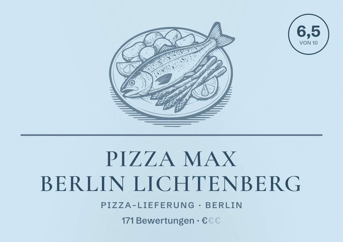 Illustriertes Poster von Pizza Max Berlin Lichtenberg, Pizza-Lieferung in Berlin: Bewertung 6,5 von 10 aus 171 Bewertungen, Preisniveau €