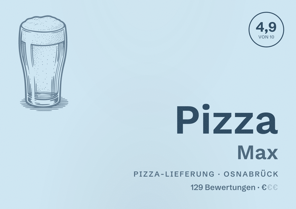 Illustriertes Poster von Pizza Max, Pizza-Lieferung in Osnabrück: Bewertung 4,9 von 10 aus 129 Bewertungen, Preisniveau €
