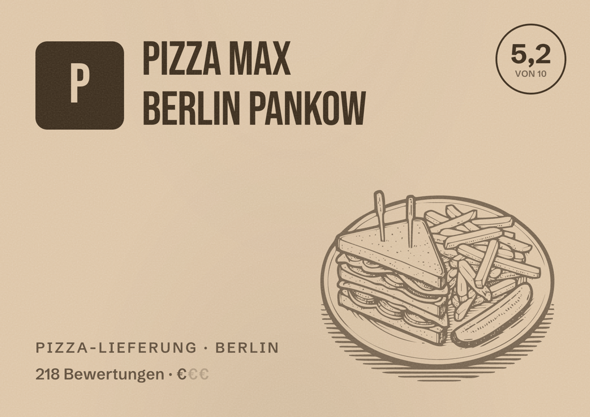 Illustriertes Poster von Pizza Max Berlin Pankow, Pizza-Lieferung in Berlin: Bewertung 5,2 von 10 aus 218 Bewertungen, Preisniveau €