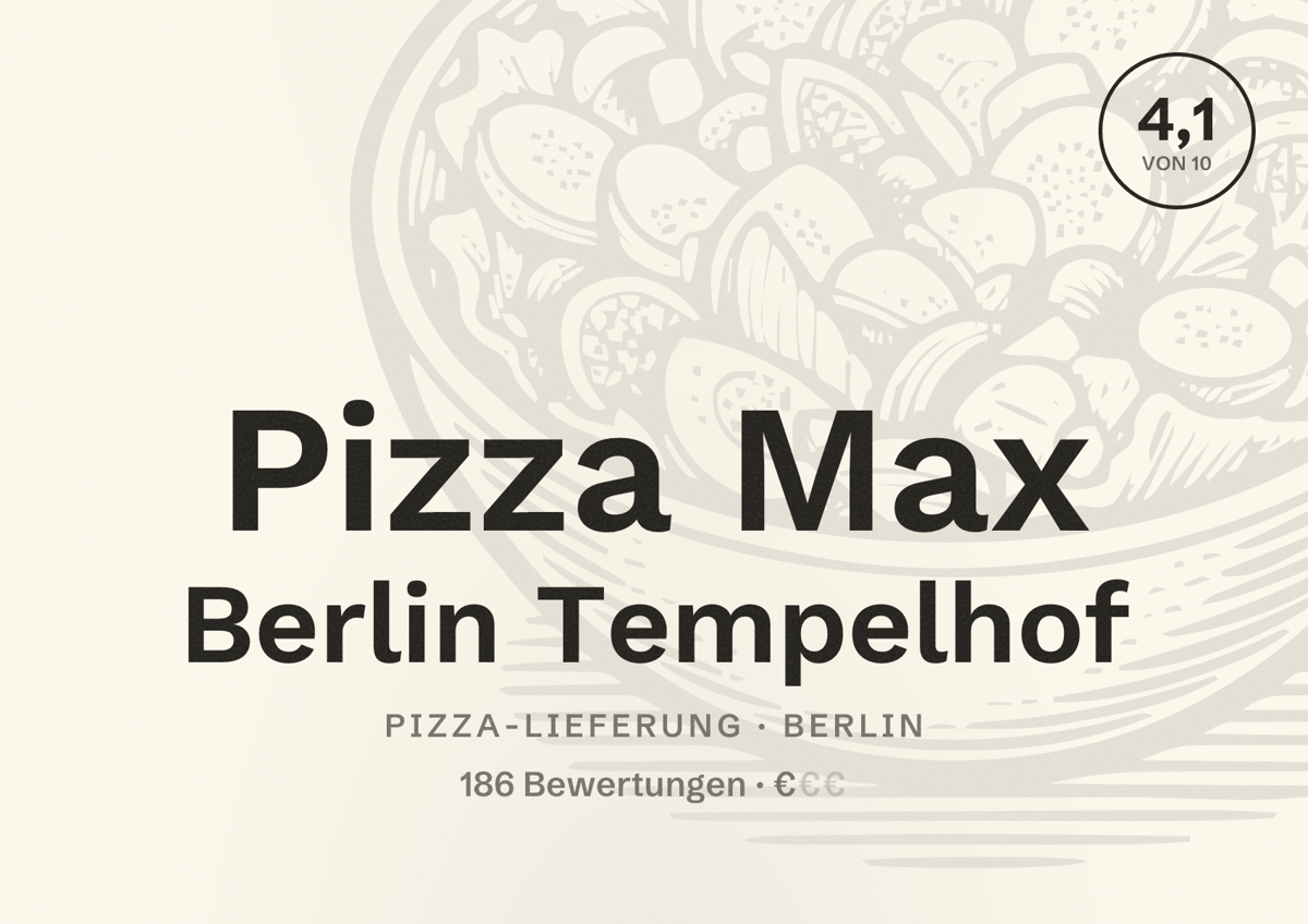 Illustriertes Poster von Pizza Max Berlin Tempelhof, Pizza-Lieferung in Berlin: Bewertung 4,1 von 10 aus 186 Bewertungen, Preisniveau €