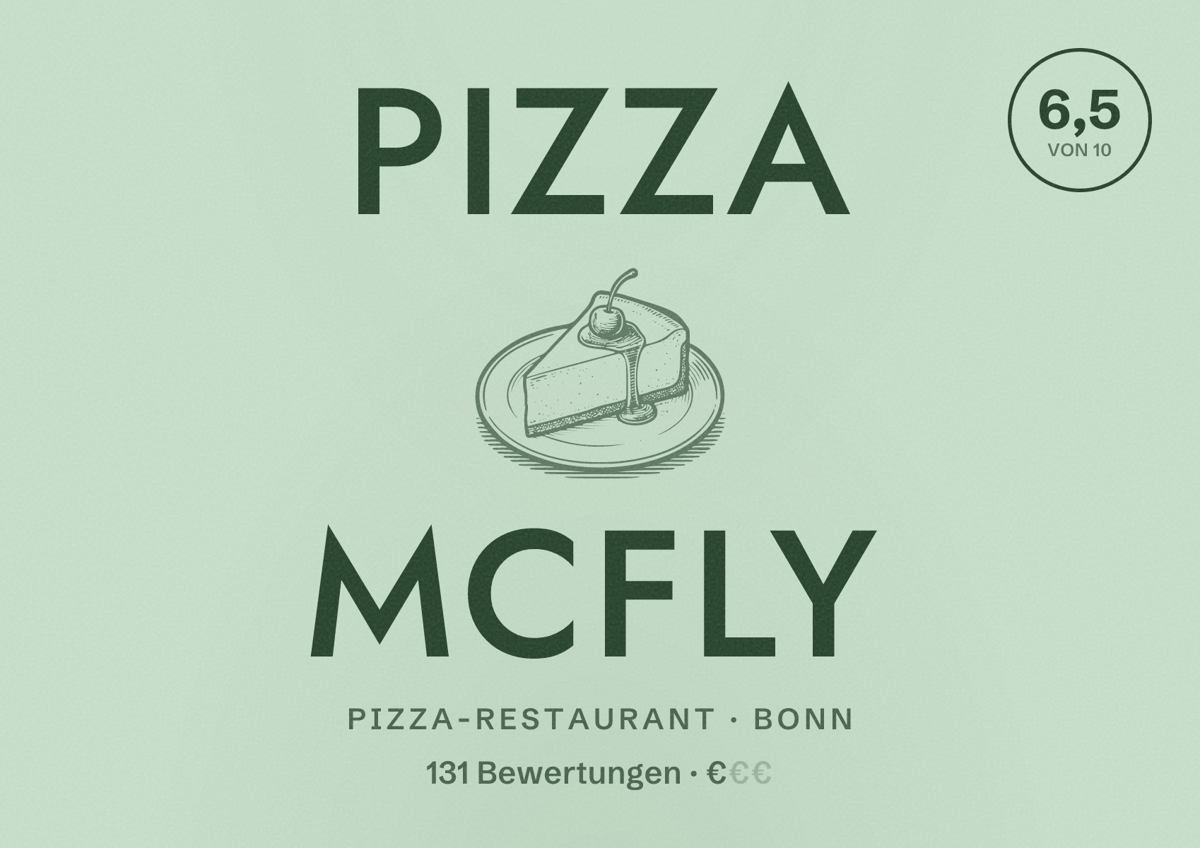 Illustriertes Poster von Pizza MCFLY, Pizza-Restaurant in Bonn: Bewertung 6,5 von 10 aus 131 Bewertungen, Preisniveau €