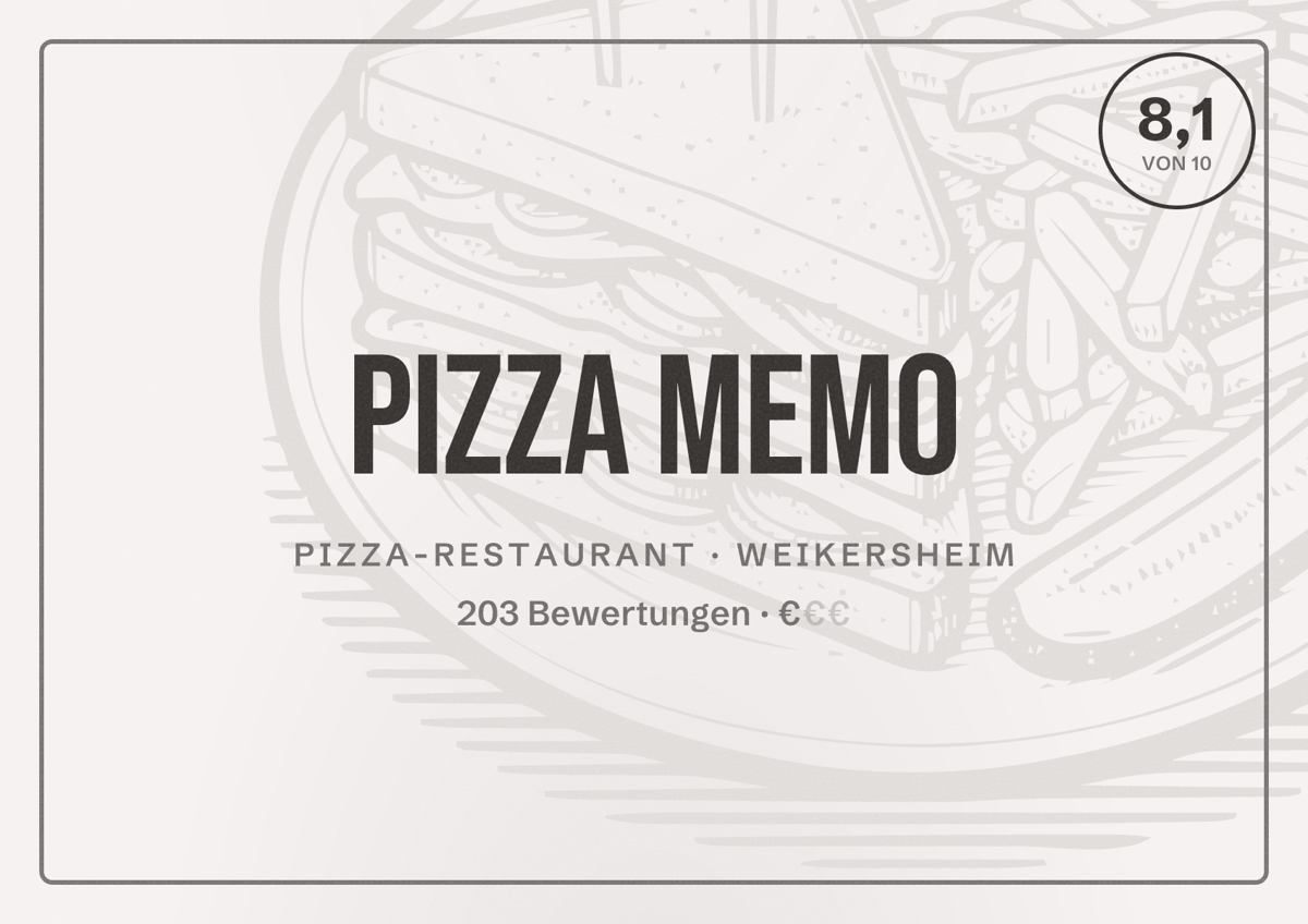 Illustriertes Poster von Pizza Memo, Pizza-Restaurant in Weikersheim: Bewertung 8,1 von 10 aus 203 Bewertungen, Preisniveau €