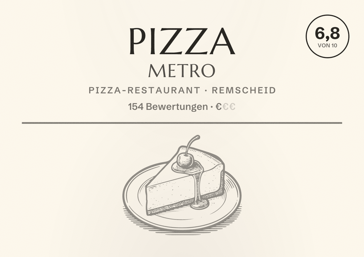 Illustriertes Poster von Pizza Metro, Pizza-Restaurant in Remscheid: Bewertung 6,8 von 10 aus 154 Bewertungen, Preisniveau €