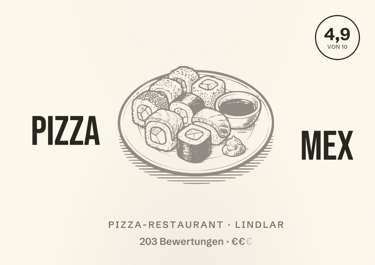 Illustriertes Poster von Pizza Mex, Pizza-Restaurant in Lindlar: Bewertung 4,9 von 10 aus 203 Bewertungen, Preisniveau €€