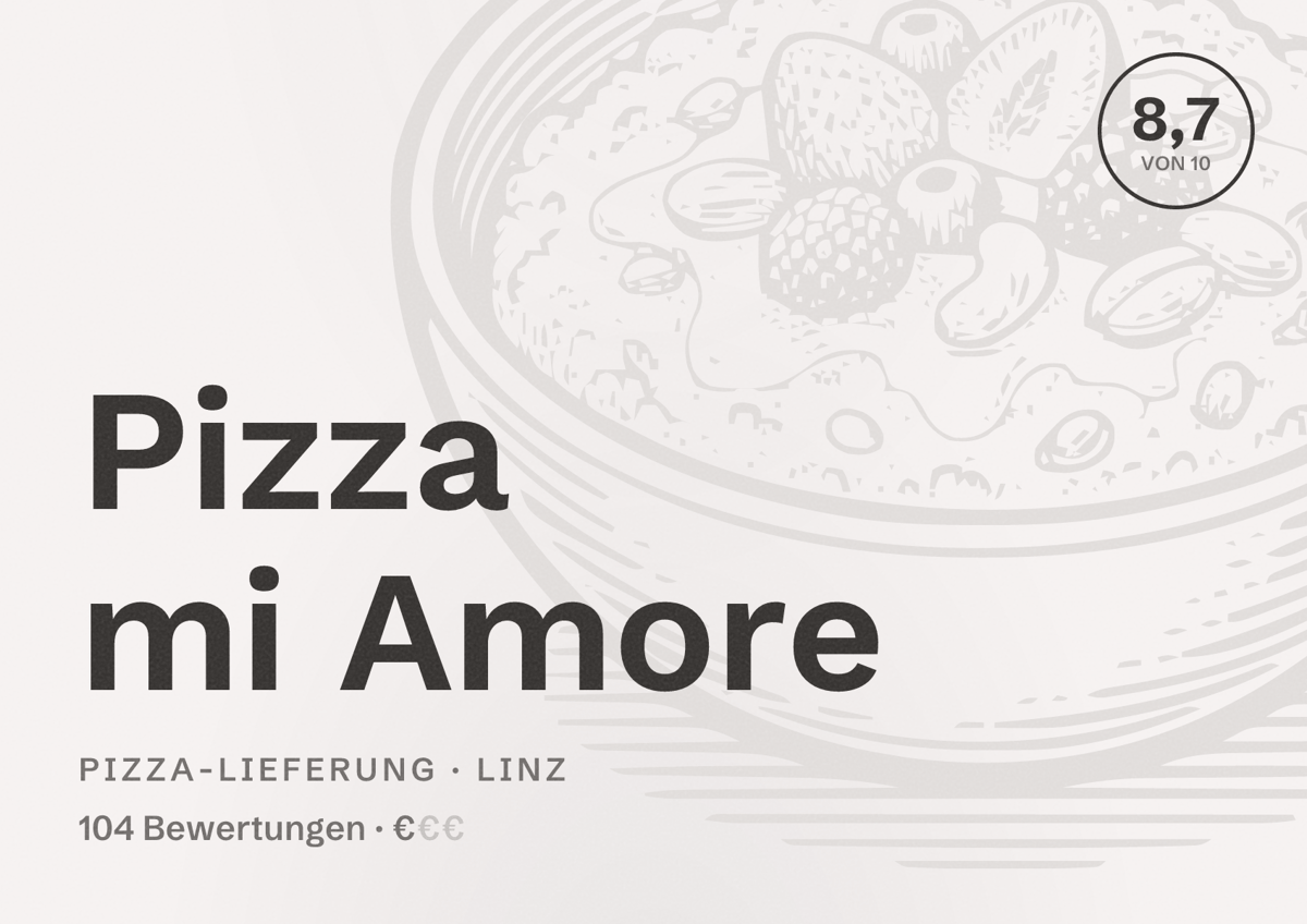 Illustriertes Poster von Pizza mi Amore, Pizza-Lieferung in Linz: Bewertung 8,7 von 10 aus 104 Bewertungen, Preisniveau €