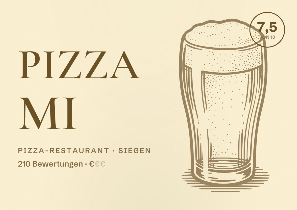 Illustriertes Poster von Pizza MI, Pizza-Restaurant in Siegen: Bewertung 7,5 von 10 aus 210 Bewertungen, Preisniveau €