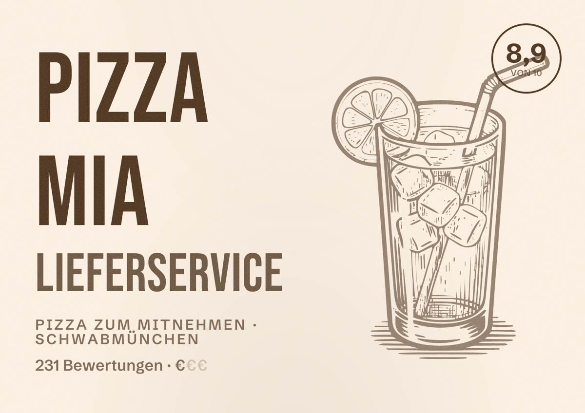 Illustriertes Poster von Pizza Mia Lieferservice, Pizza zum Mitnehmen in Schwabmünchen: Bewertung 8,9 von 10 aus 231 Bewertungen, Preisniveau €