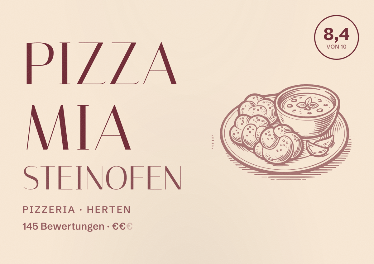 Illustriertes Poster von Pizza Mia Steinofen, Pizzeria in Herten: Bewertung 8,4 von 10 aus 145 Bewertungen, Preisniveau €€
