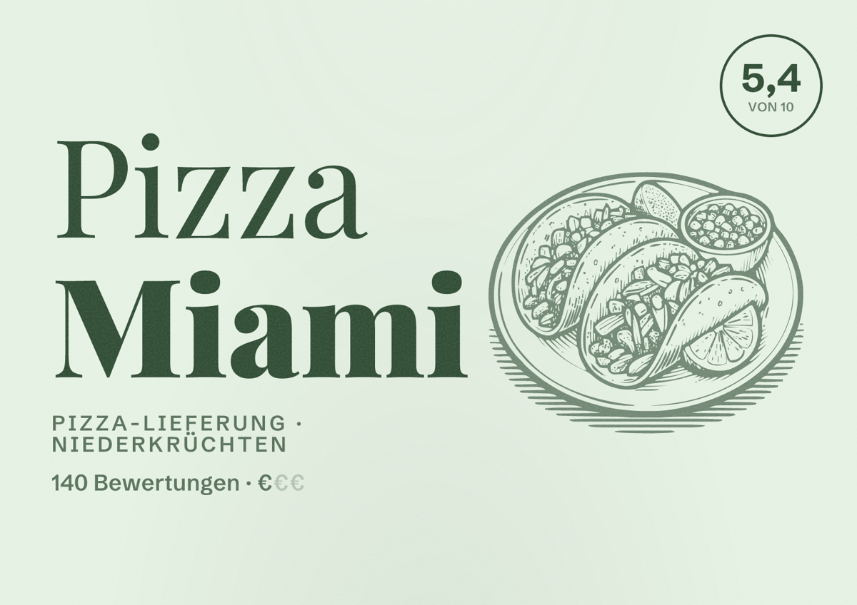 Illustriertes Poster von Pizza Miami, Pizza-Lieferung in Niederkrüchten: Bewertung 5,4 von 10 aus 140 Bewertungen, Preisniveau €