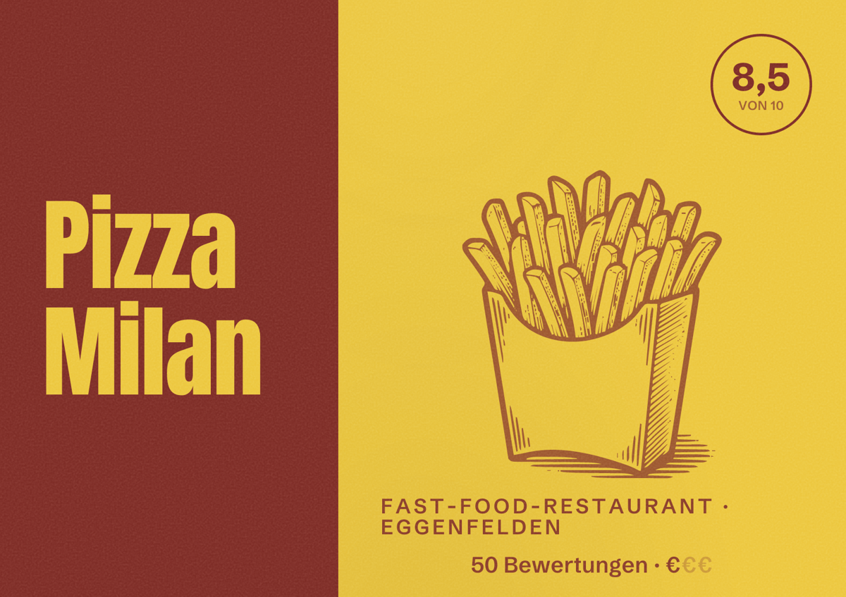 Illustriertes Poster von Pizza Milan, Fast-Food-Restaurant in Eggenfelden: Bewertung 8,5 von 10 aus 50 Bewertungen, Preisniveau €