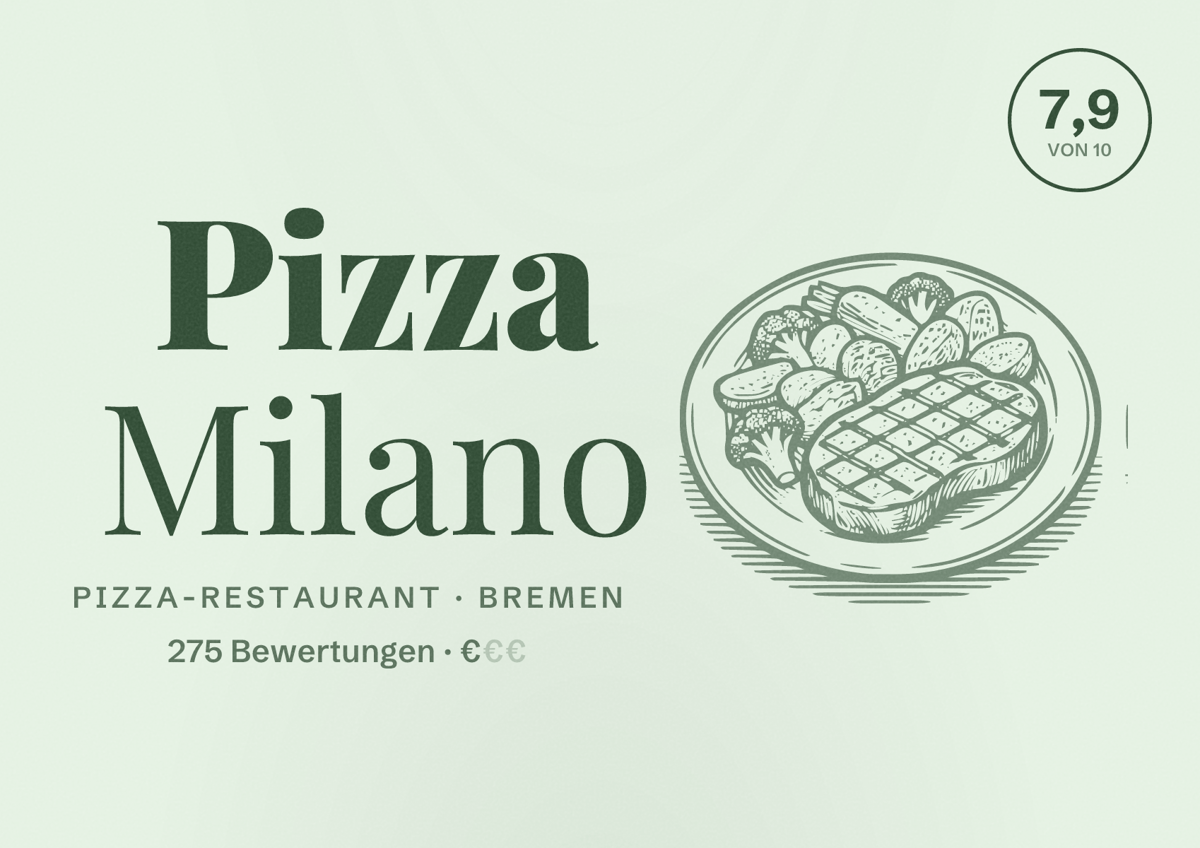 Illustriertes Poster von Pizza Milano, Pizza-Restaurant in Bremen: Bewertung 7,9 von 10 aus 275 Bewertungen, Preisniveau €