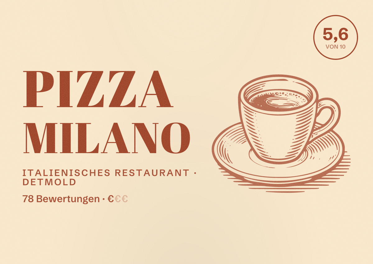 Illustriertes Poster von Pizza Milano, Italienisches Restaurant in Detmold: Bewertung 5,6 von 10 aus 78 Bewertungen, Preisniveau €