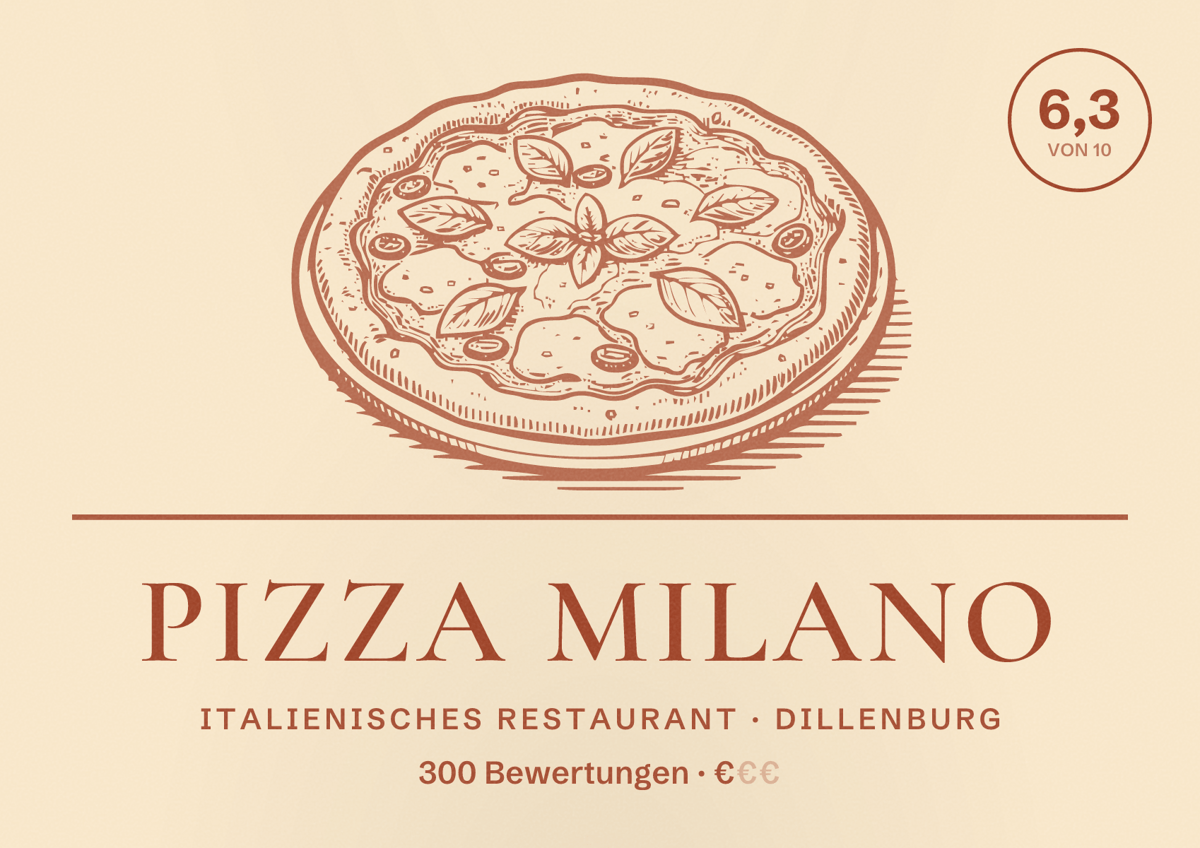 Illustriertes Poster von Pizza Milano, Italienisches Restaurant in Dillenburg: Bewertung 6,3 von 10 aus 300 Bewertungen, Preisniveau €