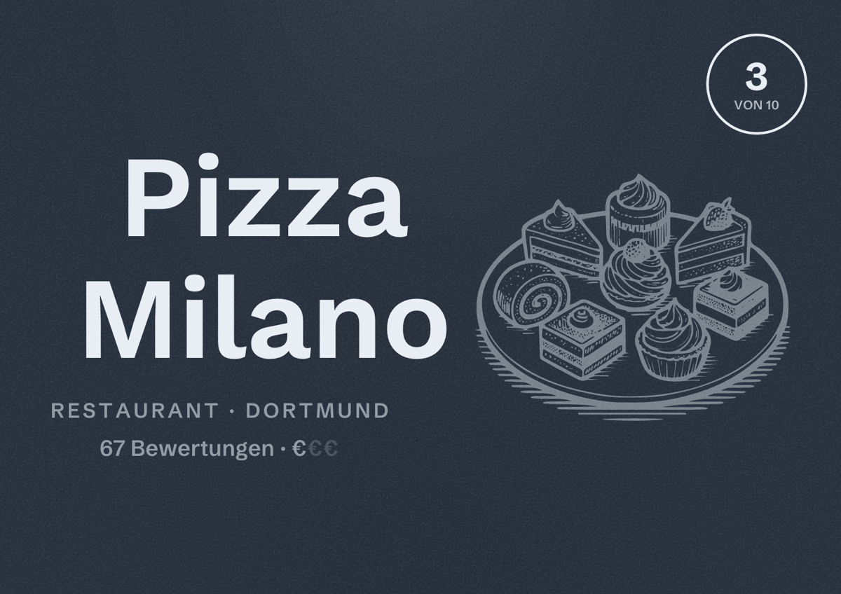 Illustriertes Poster von Pizza Milano, Restaurant in Dortmund: Bewertung 3,0 von 10 aus 67 Bewertungen, Preisniveau €